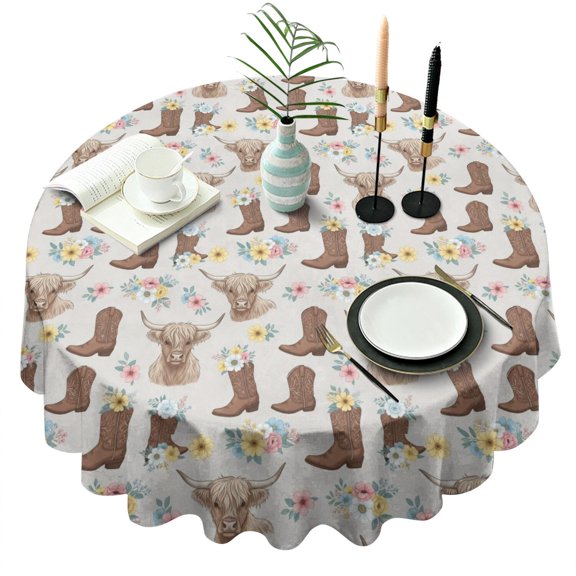 Lightgray Highland Cow Boot Flower Pattern Round Tablecloth 60"x60",Wrinkle Wipeable Table Cloth for Kitchen Dining Room Picnic Patio Party