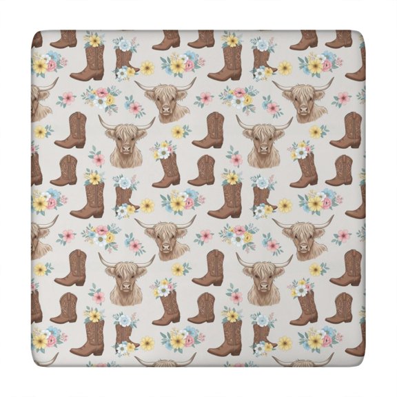 Lightgray Highland Cow Boot Flower Pattern Square Fitted Tablecloth with Elastic Edge,Square Table Cover,Washable Elastic Table Cover for Home Kitchen Party Decor 34"x34"