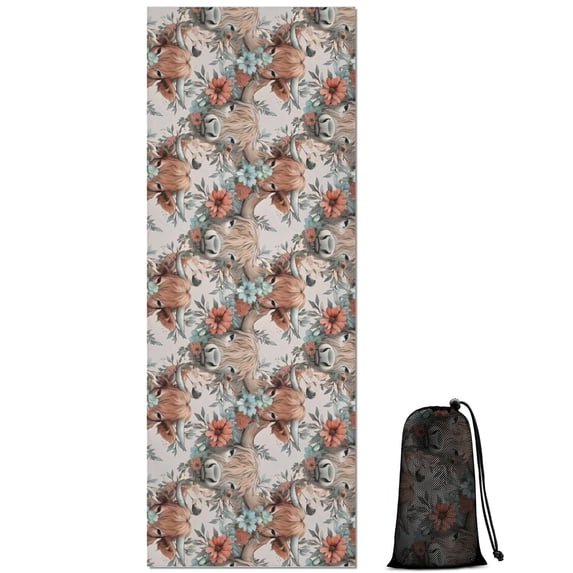 Lightgray Highland Cow Flower Pattern Hot Yoga Mat Towel Non Slip for Hot Yoga - Quick-Drying Yoga Mat Cover with 4 Corner Pockets with Travel Bag - Hot Yoga Towel Non Slip 70"x26"