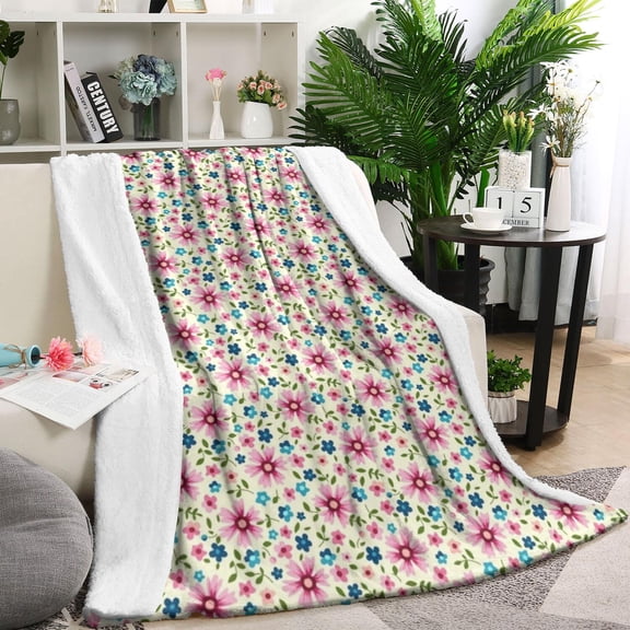 Lightgreen Daisy Flower Pink Blooms Pattern Blanket,Comfortable Soft Flannel Throw Blanket,All Season,Warm Lightweight Blankets for Sofa Bed Couch Living Room Chair,40"x50"