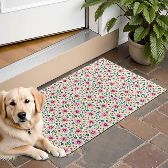 Lightgreen Daisy Flower Pink Blooms Pattern Door Rugs,Washable Non Slip Door Mats Indoor,Decorative Door Mats,Entry Mat Indoor for Entrance,Bedroom,Kitchen,Bathroom,16"x24"