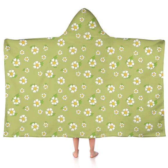 Lightgreen Daisy Flower White Blooms Pattern Hooded Bath Towel,50"x30" for Ages 3 To 12 Kids, Quick Dry Lightweight Soft Microfiber Hood Beach Towel Cover Up for Kids
