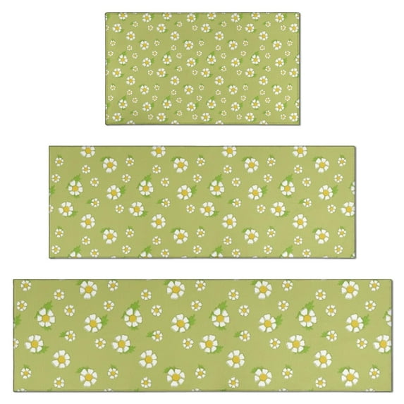 Lightgreen Daisy Flower White Blooms Pattern Kitchen Rugs Sets Of 3,Kitchen Runner Rugs Non Skid Washable,Decorative Kitchen Floor Mats for Kitchen,Sink,Laundry,17"x30"+ 17"x47" + 17"x59"