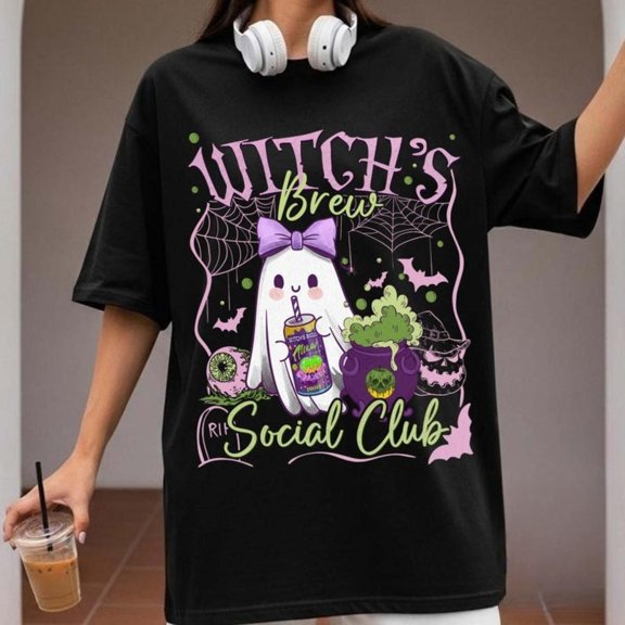 Lighthearted Witch & Ghost Graphic Tee, Tops Has Centered "WITCH'S Brew Social Club" & Witch - Ghost Design, Round Neck Regular Fit T - shirts, Size(S - 5XL)