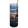 thumbnail image 1 of Lighthouse 20 Oz Skinny Tumbler, Calm Dusk at Bay Lighthouse and Wooden Boardwalk Reflections on Water Clouds, Leak-Proof Straw Lid and Brush Vacuum Insulated for Outdoor Use, Blue Orange, 1 of 6