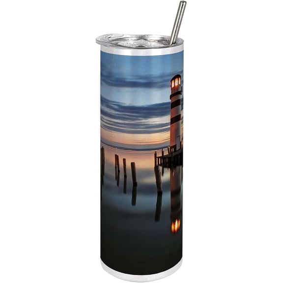 Lighthouse 20 Oz Skinny Tumbler, Calm Dusk at Bay Lighthouse and Wooden Boardwalk Reflections on Water Clouds, Leak-Proof Straw Lid and Brush Vacuum Insulated for Outdoor Use, Blue Orange