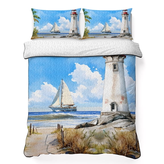 Lighthouse 3 Piece Quilt Bedding Set with 2 Pillow Shams, Summer Beach Boat Lightweight Bedspread Coverlet, Soft Breathable All Season Quilt, 79 x 90 Inch