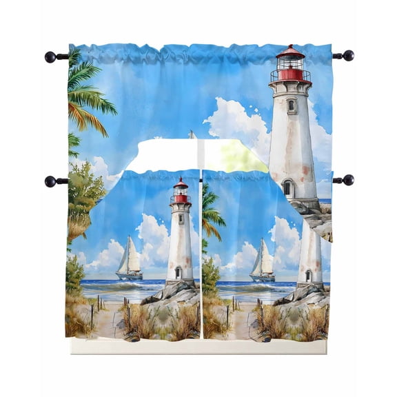 Lighthouse 3 Piece Swag Kitchen Curtains Set Summer Beach Boat Valance and Tier Curtains 24 In Long, 56" x 36" Window Topper for Cafe Bathroom Bedroom