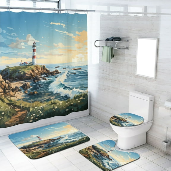 Lighthouse 4 Pcs Shower Curtain Set Vintage Tower Cabin Nautical Coastal Scenery with Toilet Lid Cover and Bath Mat, Waterproof Shower Curtain with 12 Hooks, 72x72 Inch