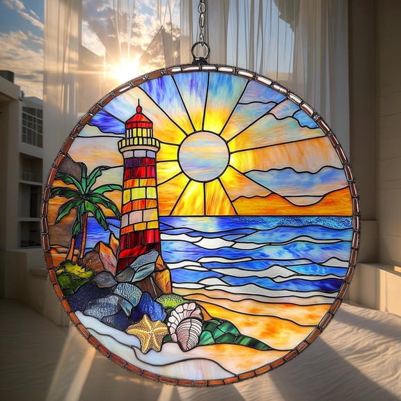 Lighthouse Acrylic Suncatcher Faux Stained Glass Window Hanging, Beach Sunrise Coastal Decor, Summer Gift for Her or Ocean Lovers