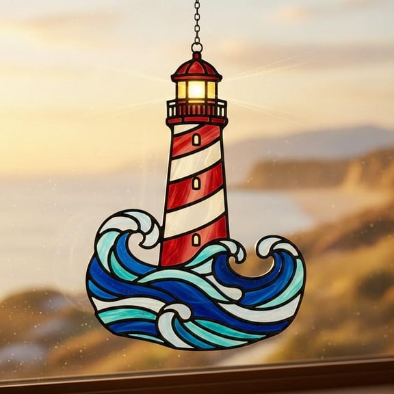Lighthouse Acrylic Suncatcher Nautical Beacon Ocean Wave Window Hanging Coastal Home Decor Gift for Sailors