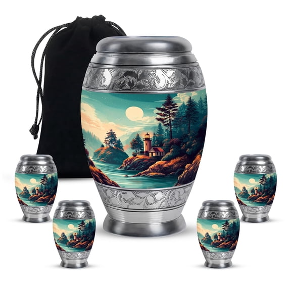 Lighthouse Adult Cremation Funeral Urn for Human Ashes, Keepsake Decorative Gift for Father & Mother, Small Urns for Ash Container, Combo, Green (10 Inch & 3 Inch Mini Set of 3)