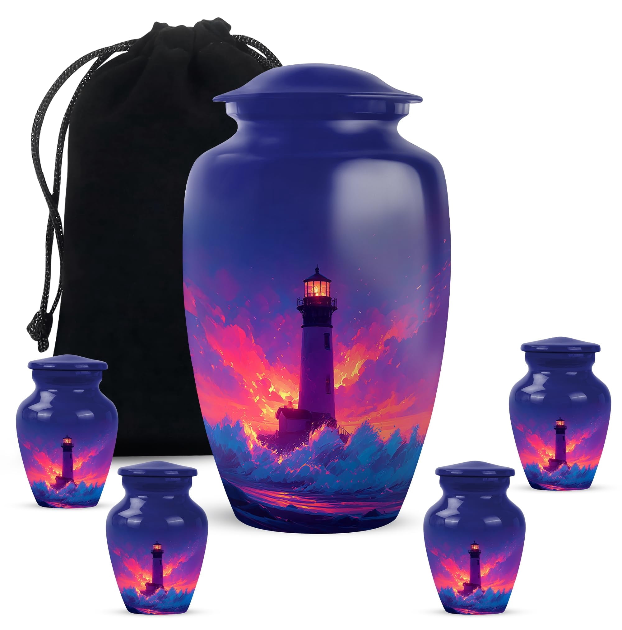 Lighthouse Adult Cremation Funeral Urn for Human Ashes, Keepsake Memorial Gift, Beautiful Handcrafted Small Urns for Ash, Combo, Dark Blue (10 Inch & 3 Inch Mini Set of 3)