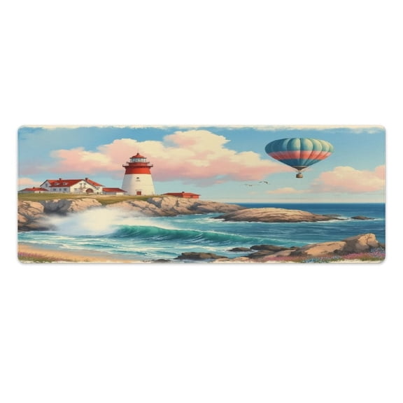 Lighthouse And Hot Air Balloon Seascape 2 PCS Anti Fatigue Rugs Pvc Non Skid Waterproof Floor Mat Cushioned Comfort Standing Kitchen Mats for Floor