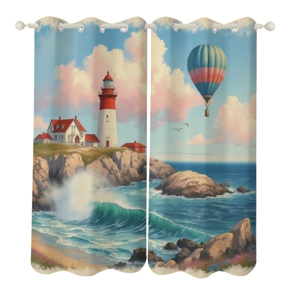 Lighthouse And Hot Air Balloon Seascape 2 Panels 3D Printing Pattern Curtain for Bedroom Living Room Kitchen Window Decoration Home