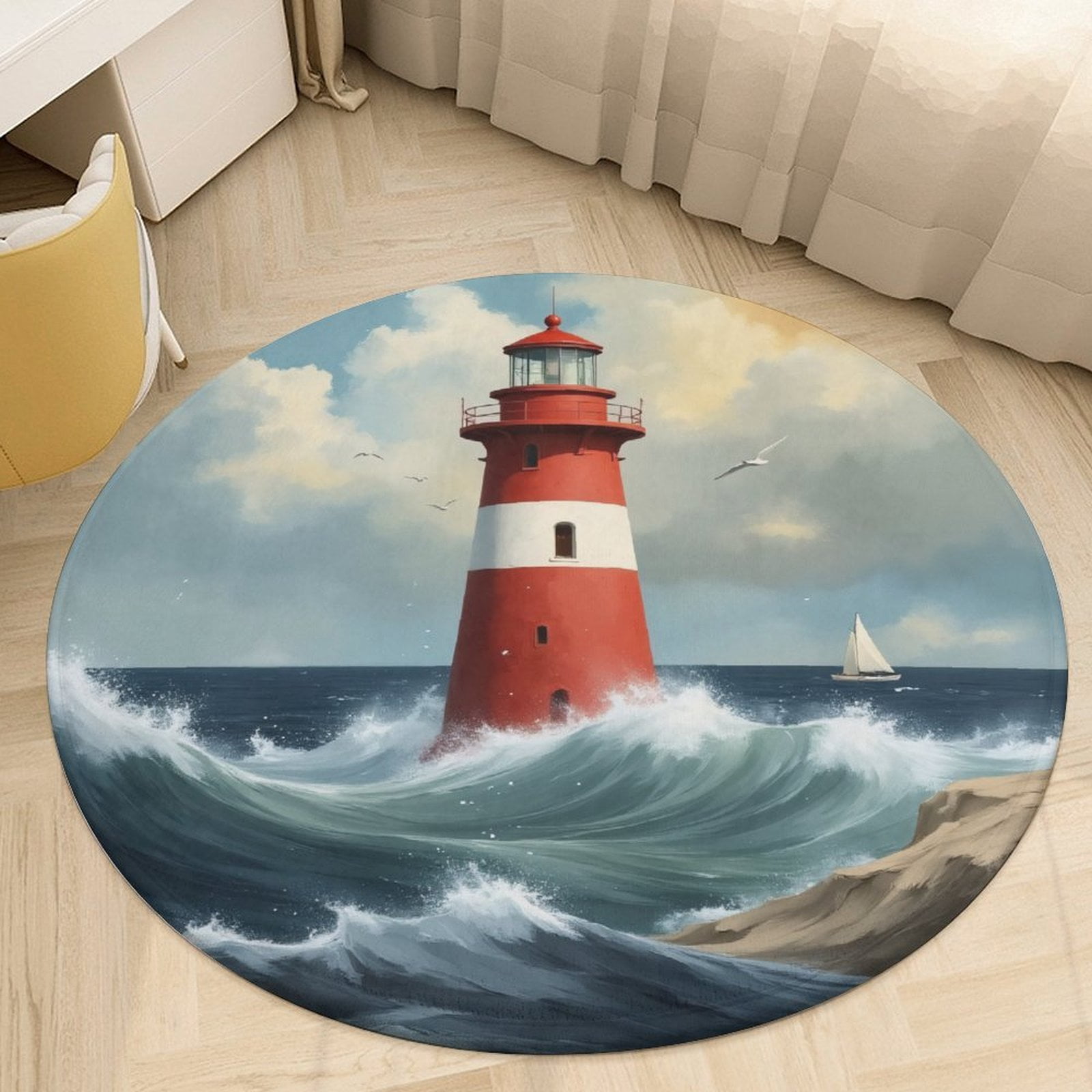 Lighthouse And Sea Waves Round Area Rugs for Bedroom Living Room, 6FT ...