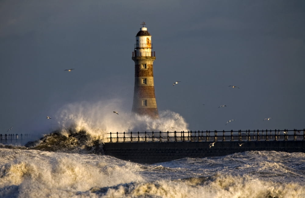 Lighthouse And Waves Sunderland Tyne And Wear England Canvas Art - John Short Design Pics (34 x 22)