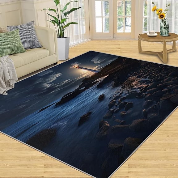 Lighthouse Area Rug with Blue Starry Sky Design, Washable & Non Slip Sea Wave Rugs for Bedroom, Soft Lighthouse Indoor Carpet for Teens, Resistant Floor Decor 5 x 8ft