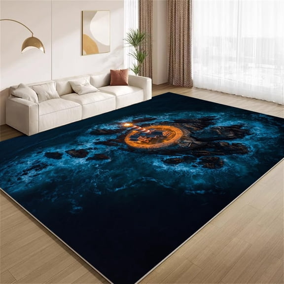Lighthouse Area Rugs, Storm Seascape Blue Pattern Carpet, Washable Non Slip Low Pile Soft Rug for Living Room Bedroom Decor Mat 5x8ft