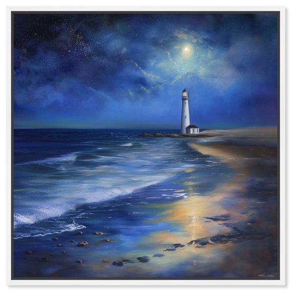 Lighthouse At Night Chic Coastal Canvas Wall Art by Art Remedy, White Floater Frame, 40"x40"