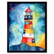 Lighthouse At Night Folk Art Watercolour Painting Art Print Framed Poster Wall Decor 12x16 inch