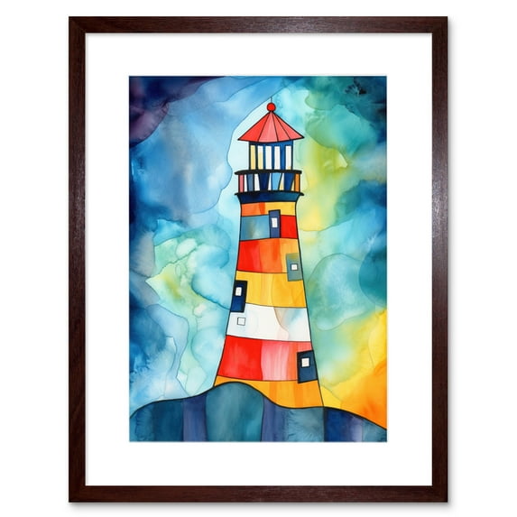 Lighthouse At Night Folk Art Watercolour Painting Artwork Framed Print Wall Art 9X7 Inch