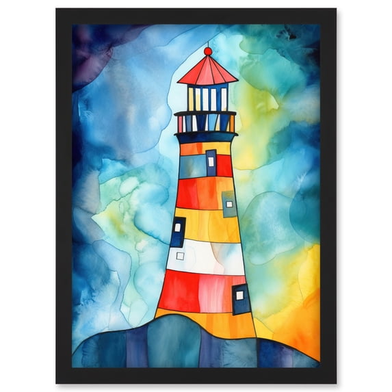 Lighthouse At Night Folk Art Watercolour Painting Artwork Framed Wall Art Print A4