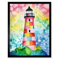 Lighthouse At Sunrise Dreamy Folk Art Watercolour Painting Art Print Framed Poster Wall Decor 12x16 inch