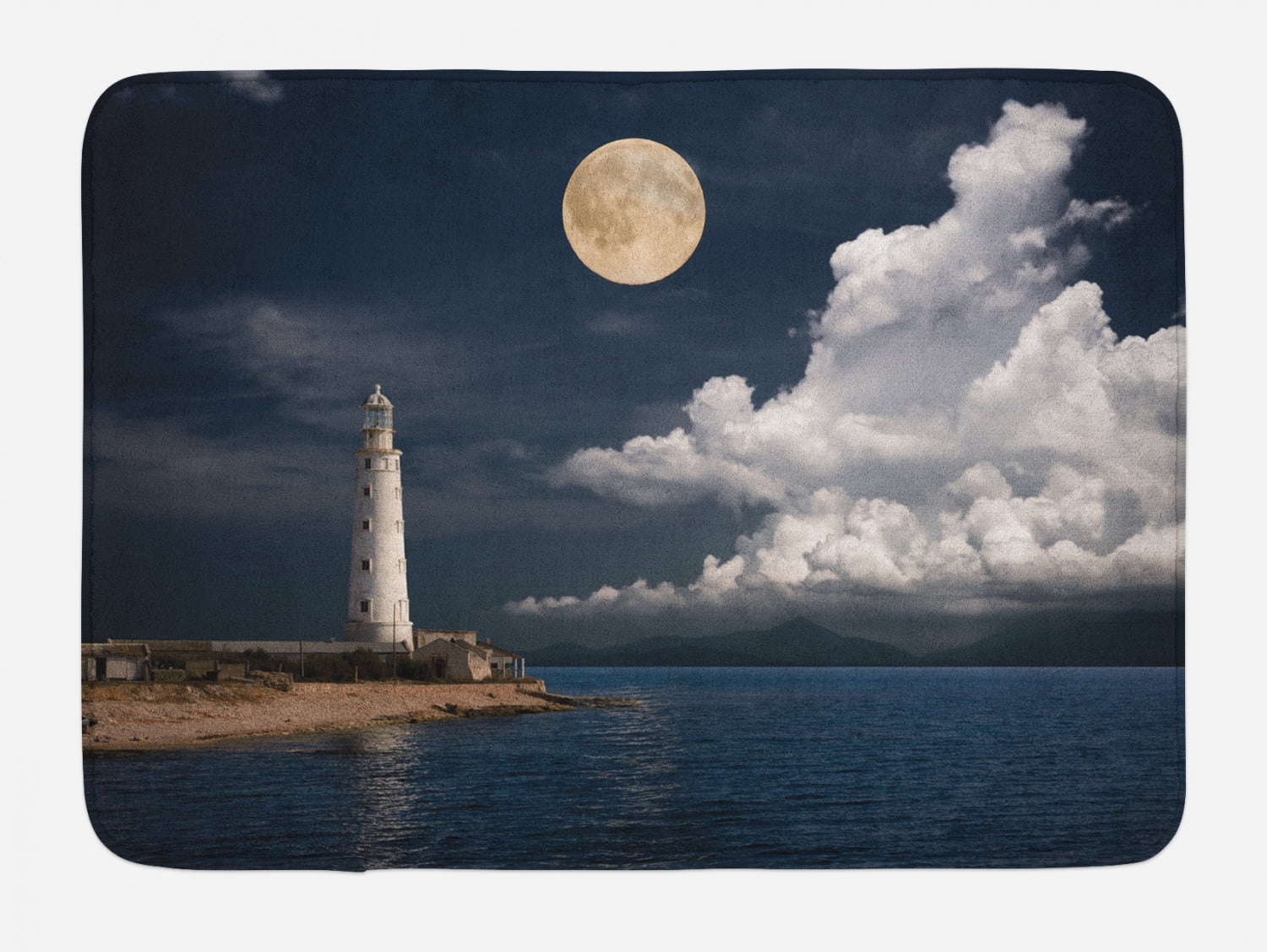 Lighthouse Bath Mat, Lighthouse Moonlight Island Large Clouds Sea ...