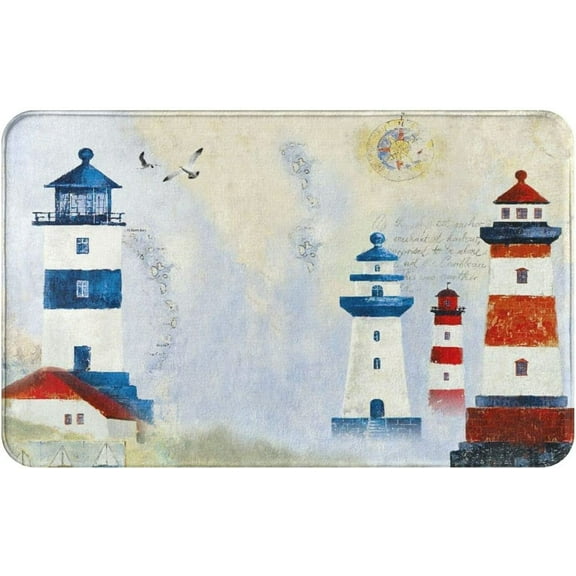 Lighthouse Bathroom Rugs Bath Mat,Nautical Watercolor Blue Red Lighthouse Retro Design,Non Slip Absorbent Bath Rug Super Cozy Floor Mats Doormats Carpets Bathroom Decorations 30"x18"