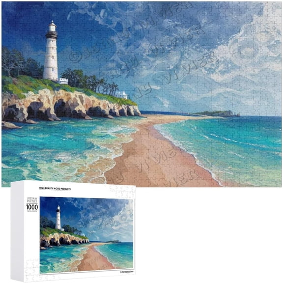 Lighthouse Beach 1000 Piece Jigsaw Puzzle for Adults,Natural Landscape Art,Country Landscape Painting,Funny Wall Art Home Decor - Modern Oil Landscape Art Print 30.7"x20.8"