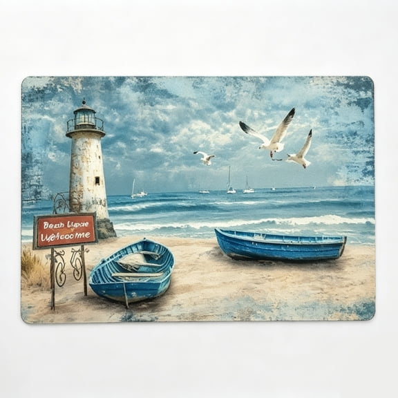 Lighthouse Beach Boat Seagull Floor Mat Nautical Coastal Scenery Rug