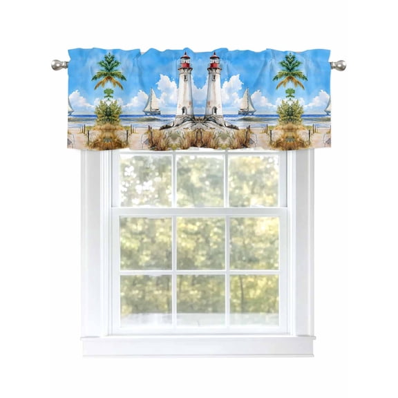 Lighthouse Beach Valances for Windows, Rod Pocket Kitchen Valance Curtains - Soft & Washable Small Window Treatment for Living Room, Bathroom, Summer Tropical , 42x12 Inch, 1 Panel