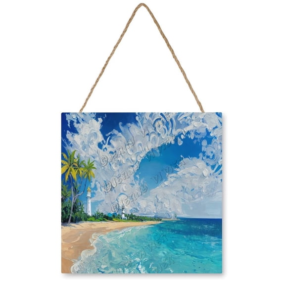 Lighthouse Beach Wood Wall Art Nature Wall Decor Hanging Wood Sign for Bedroom Living Room 12x12 inches