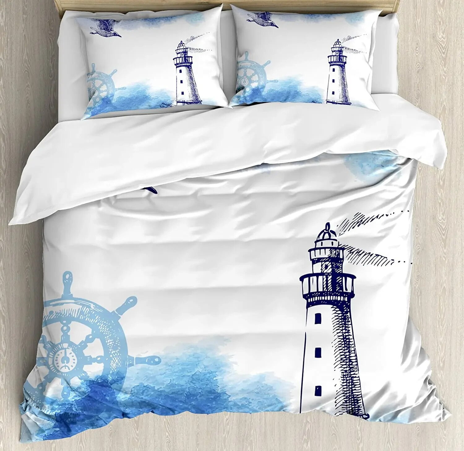Lighthouse Bedding Set For Bedroom Bed Home Nostalgic Watercolors with Gull Ancient Anchor Duvet