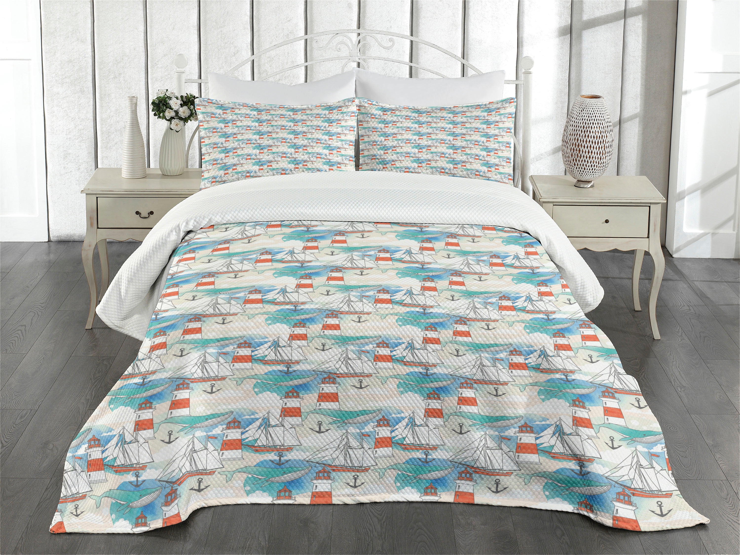 Lighthouse Bedspread, Abstract Whale Anchor and Boats Pattern Sky