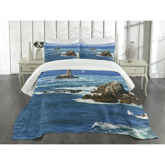 Lighthouse Bedspread, Daytime Lighthouse Wavy Ocean View and Clear Sky Rocky Islands Sailboat, Decorative Quilted 3 Piece Coverlet Set with 2 Pillow Shams, King Size, Blue Gray, by Ambesonne