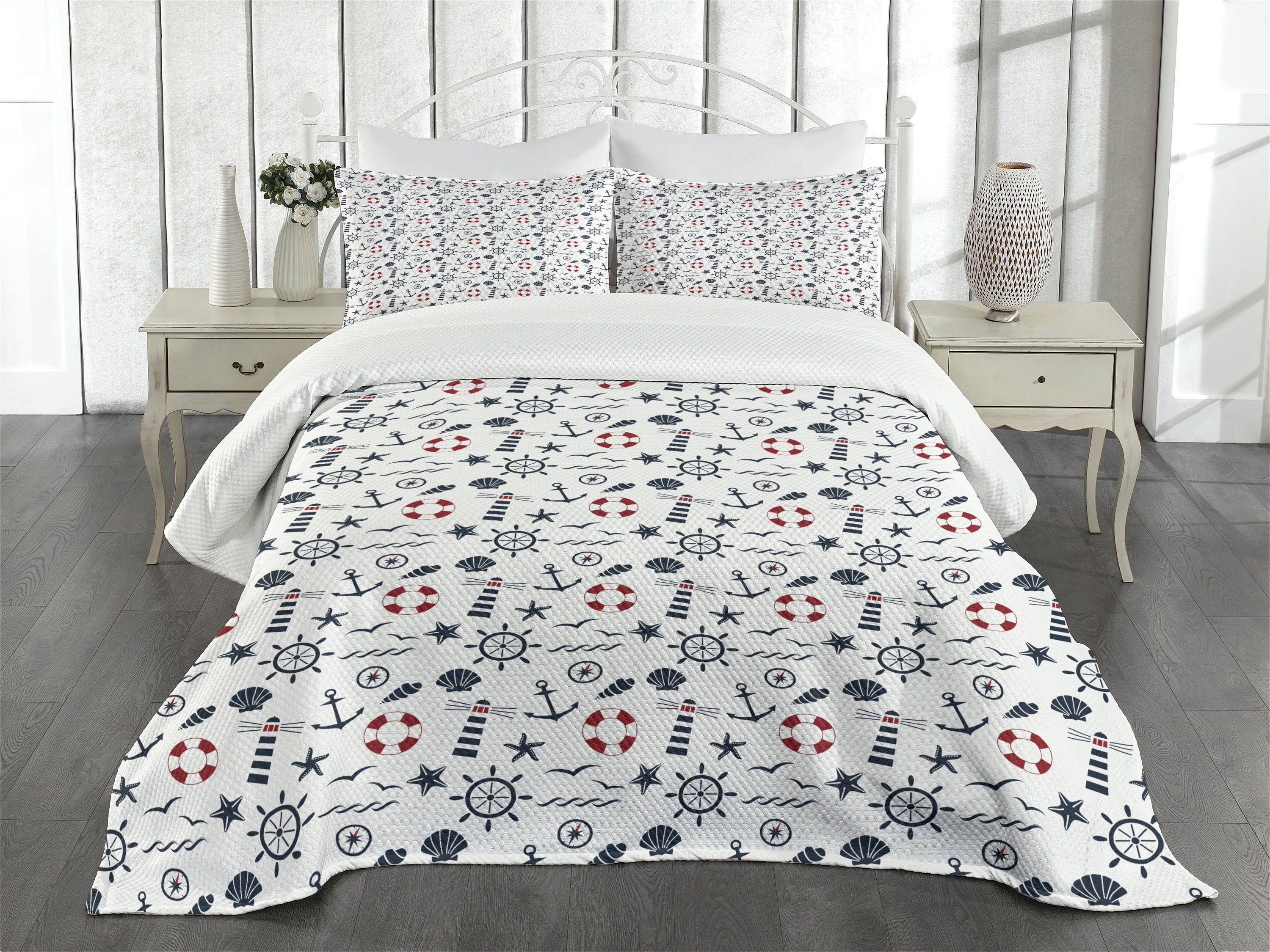 Lighthouse Bedspread Set Queen Size, Nautical Anchors Waves Helms and
