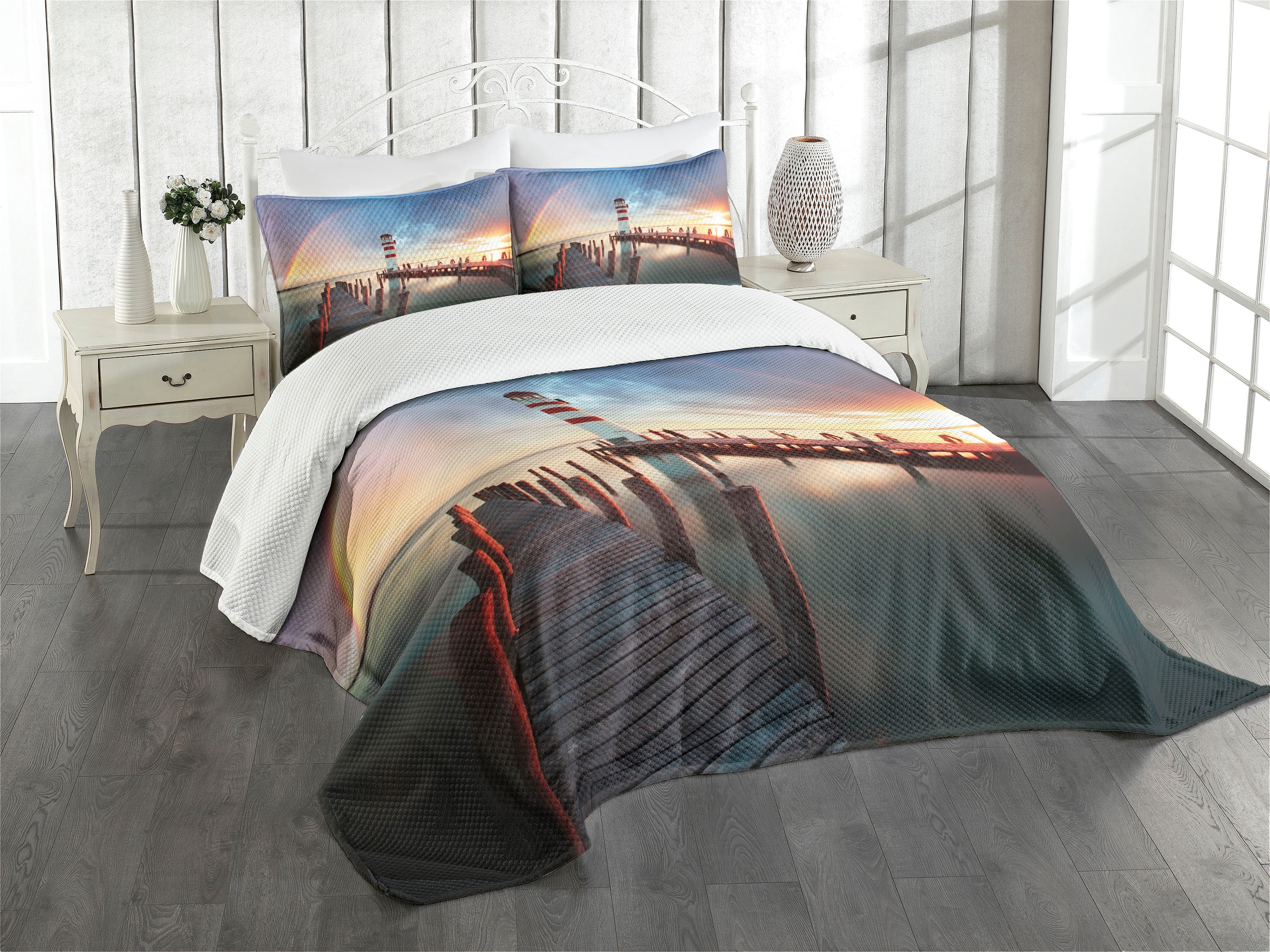 Lighthouse Bedspread, Sunset at Seaside Wooden Docks Lighthouse Clouds