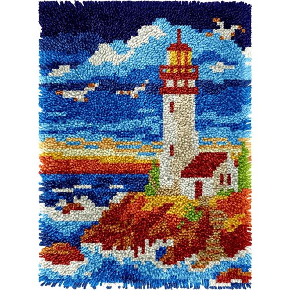 Lighthouse and Birds Easy DIY Latch Hook Rug Kits DIY Tapestry Crochet Hooking Mat Making Kits With Printed Pattern Canvas Needlework Kits 52x38cm n-40)