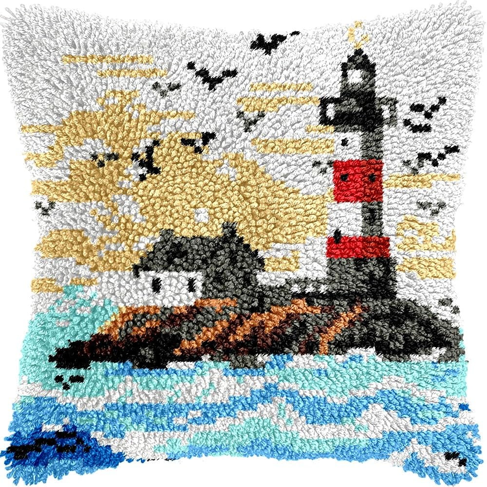 Lighthouse & Birds Latch Hook Pillow Kits for DIY Handmade Throw Pillow Cushion Embroidery Latch Hooking Pillowcase Kits with Preprinted Canvas Crochet Yarn Kits 17''X 17''(g56)