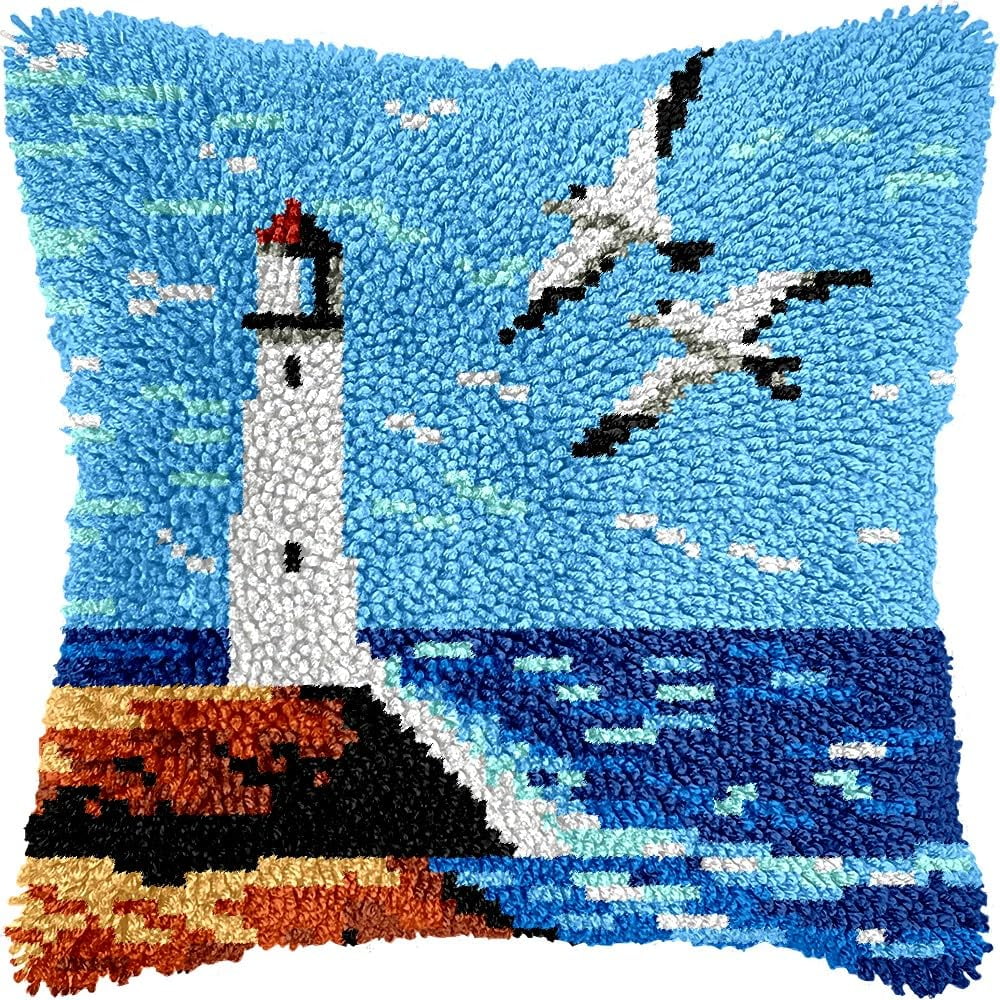 Lighthouse & Birds Latch Hook Pillow Kits for DIY Handmade Throw Pillow Cushion Embroidery Latch Hooking Pillowcase Kits with Preprinted Canvas Crochet Yarn Kits 17''X 17''(g305)