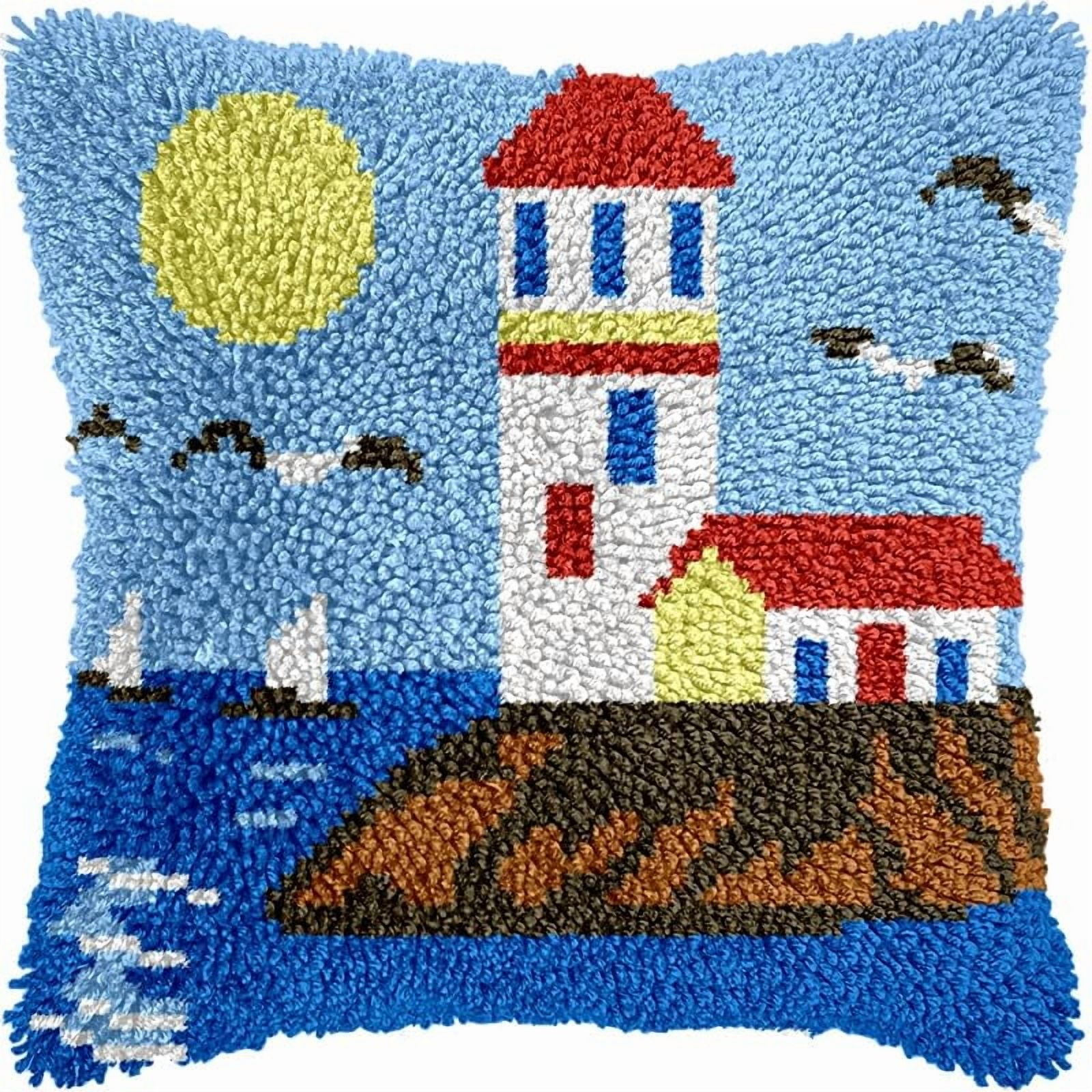Lighthouse & Birds Latch Hook Pillow Kits Pillow Cover with Pattern Printed Canvas Crochet Cross Hooking Pillowcase Cushion Crafts Embroidery Latch Hooking Crochet Kits 17x17 inch(141)