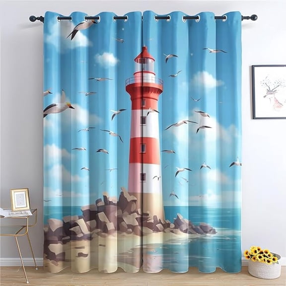 Lighthouse Blackout Curtains For Bedroom Living Room, Nautical Curtains & Home Decor, Maritime Window Curtains, Thermal Room Darkening Grommet Drapes 26"W x 63"L (Pack of 2)
