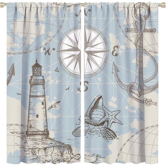 Lighthouse Blackout Curtains Sea Nautical Shell Starfish Compass Anchor Blue Art Print for Bedroom Bathroom Living Room Decor Rod Pocket Window Drapes 42x54in