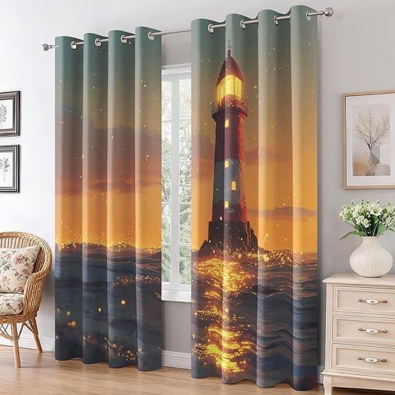 Lighthouse Blackout Curtains, Sunset Nautical Curtains for Living Room Bedroom, Thermal Insulated Grommet Drapes, Seascape Room Decor 53"W x 63"L (Pack of 2)