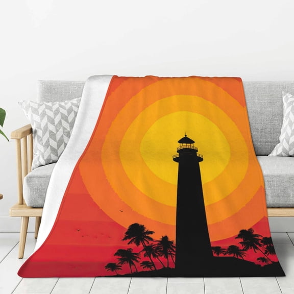 Lighthouse Blanket Artistic 80s Retrowave Sunset Design, Decorative Cozy Flannel Throw For Sofa, Vibrant Nature Inspired Home Decor 80x60