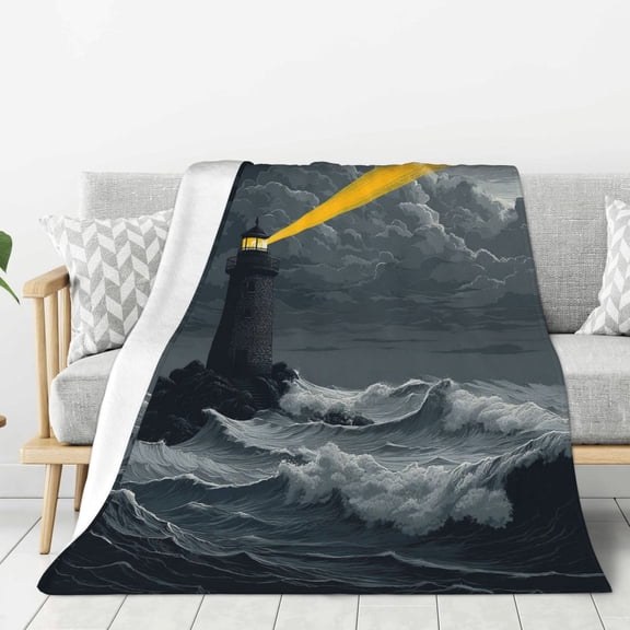 Lighthouse Blanket Stone Lighthouse Rough Waves, Lightweight Plush Flannel Throw, Artistic Dark Clouds Home Accent 50x40