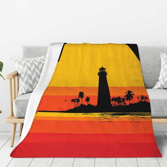 Lighthouse Blanket Synthwave Retro Sunset Palm Trees, Soft Cozy Flannel Throw For Couch And Sofa, Aesthetic 80s Art Decor 60x50