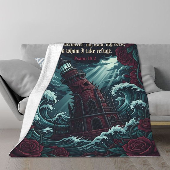 Lighthouse Blanket- The Lord is My Rock and My Fortress - Scriptures -Psalm 18:2 - Religious Gift 50x40